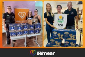 Colaboradores da Raetec realizam a entrega de doações de caixas de leite e chocolates durante uma ação solidária promovida por meio do Projeto Semear. A imagem registra as entregas nas instituições Amor e Caridade, em Montenegro, e na APAE, em São Sebastião do Caí, marcando um momento de integração, cuidado e apoio à comunidade. A iniciativa simboliza o compromisso social da empresa e a importância da solidariedade na construção de relações mais humanas e colaborativas.