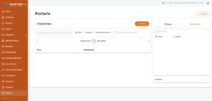 A imagem apresenta a interface do sistema Raetec Acess na área de portaria, exibida em um ambiente digital de gestão de acessos. Na tela, é possível visualizar o módulo de cadastro e monitoramento de visitantes
